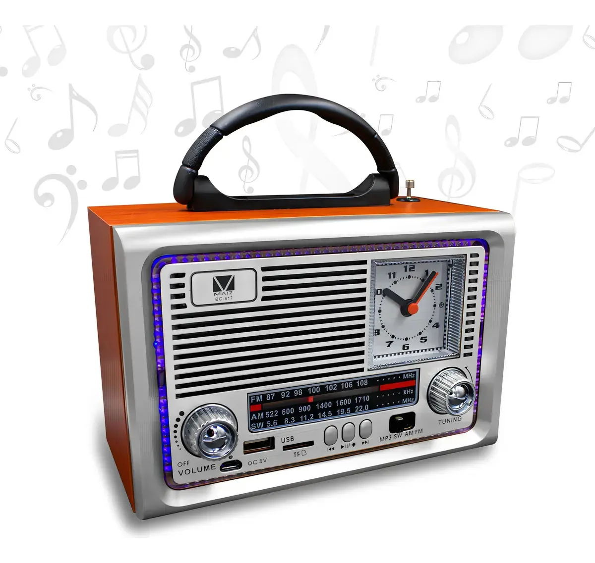 Alto-falante Bluetooth, rádio, relógio FM, luz LED recarregável portátil, cor prateada Maíz Bc-417