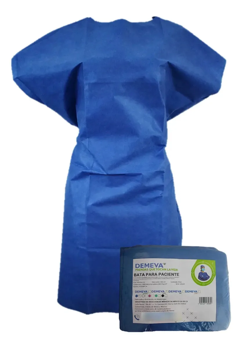 Vestido de paciente descartável Demeva Economy Blue, 10 unidades, sem mangas, SMS, tecido de grau médico, econômico, confortável e durável para spas, clínicas, hospitais ou escritórios