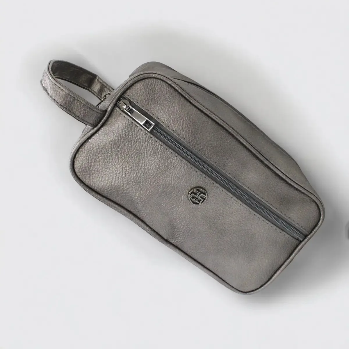 Bolsa de higiene pessoal masculina de couro, kit de viagem, bolsa, cinza, cetim, design de tecido liso