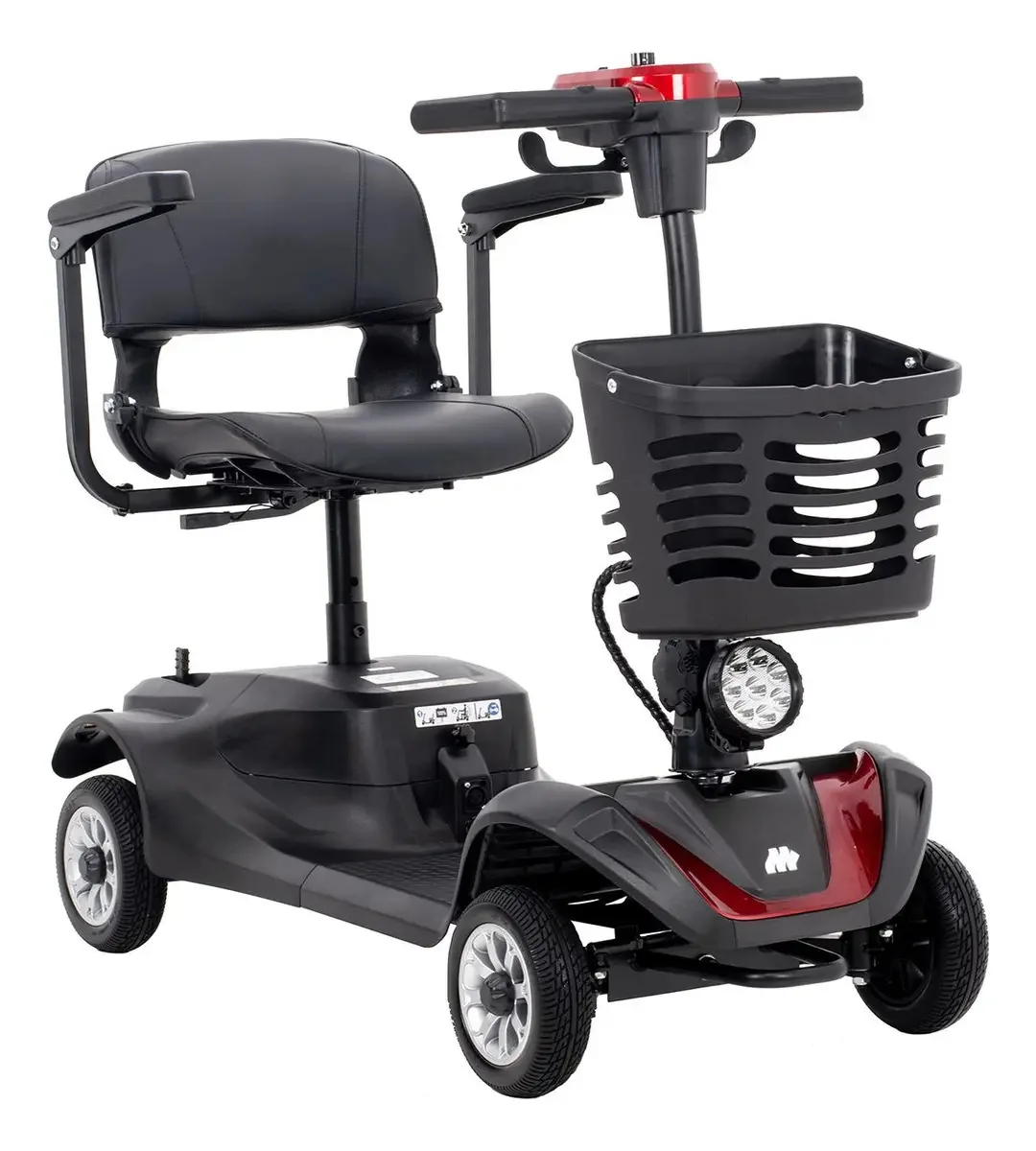 Scooter elétrico dobrável de 4 rodas para cadeira de rodas, luz LED vermelha