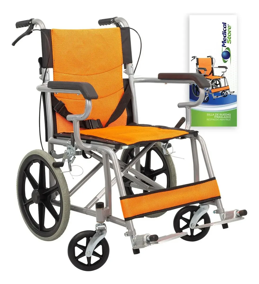 Cadeira de rodas dobrável leve e compacta com freio, cor laranja