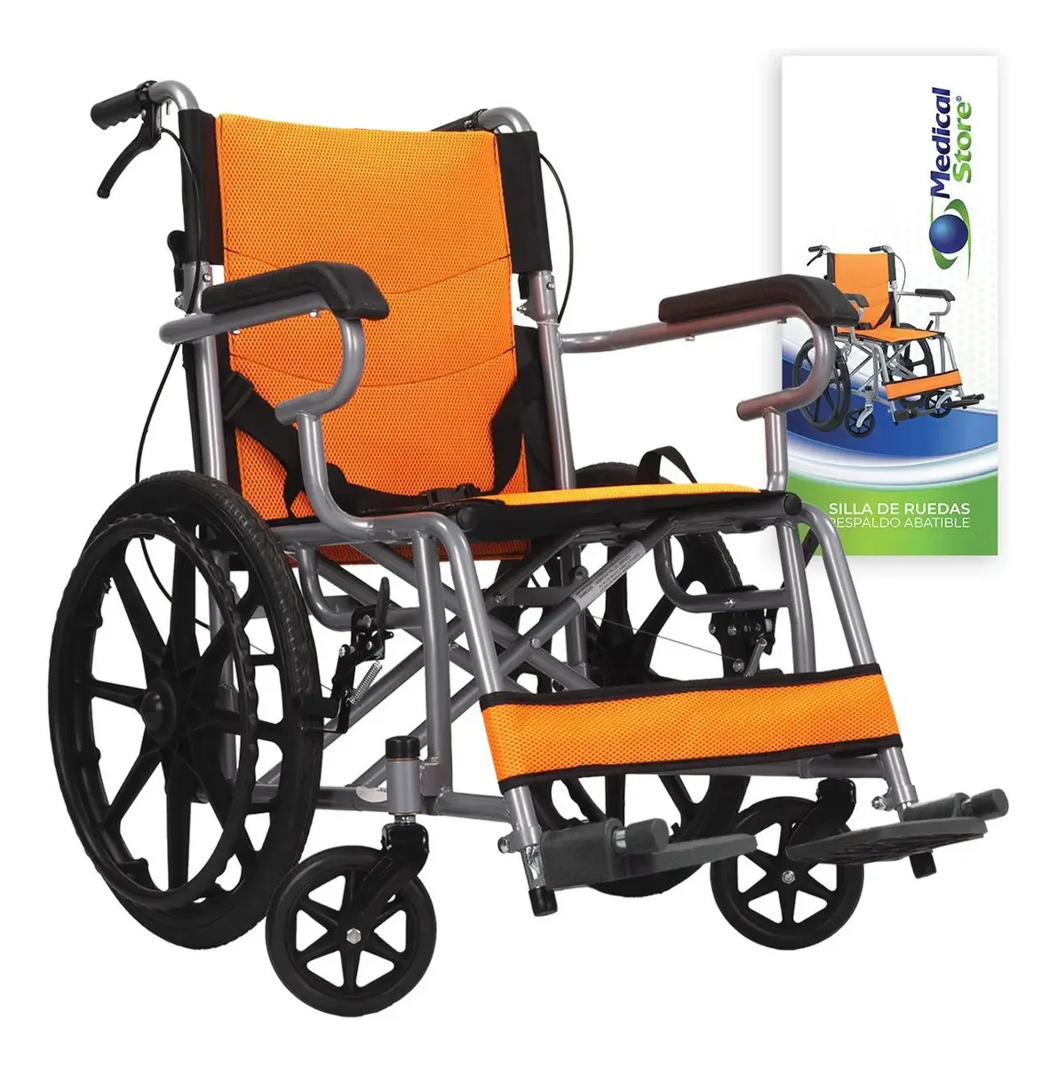 Cadeira de rodas leve e dobrável compacta com freio, cor laranja