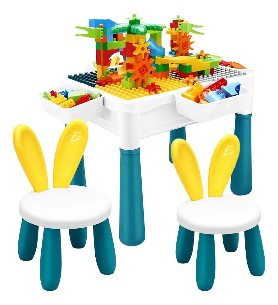A mesa de blocos de ensino inclui 346 blocos e duas cadeiras 346