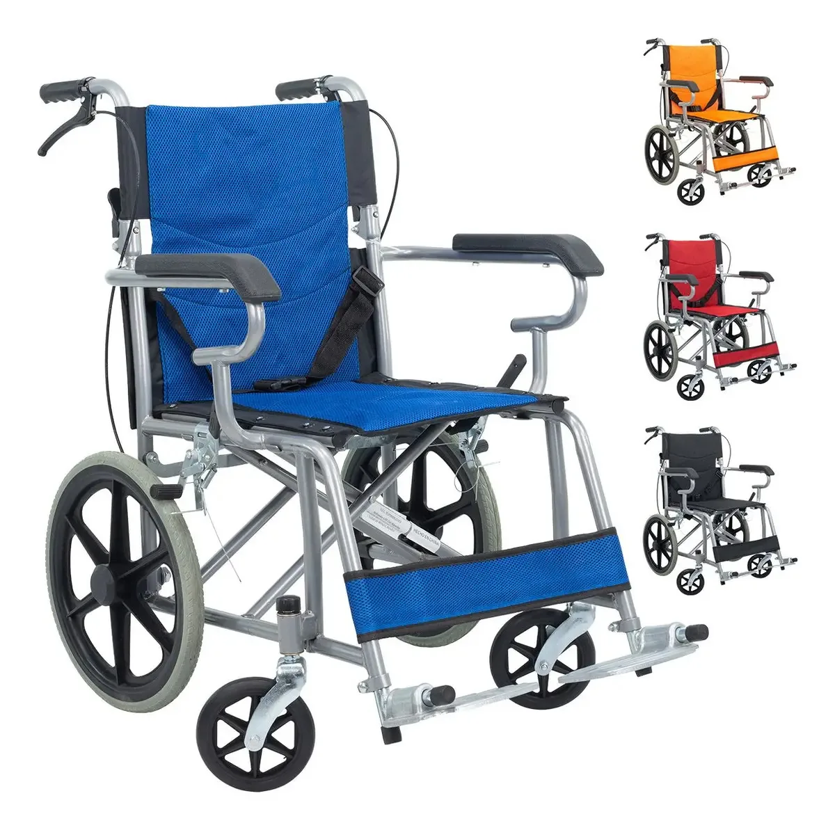 Cadeira de rodas dobrável leve e compacta com freio, cor azul