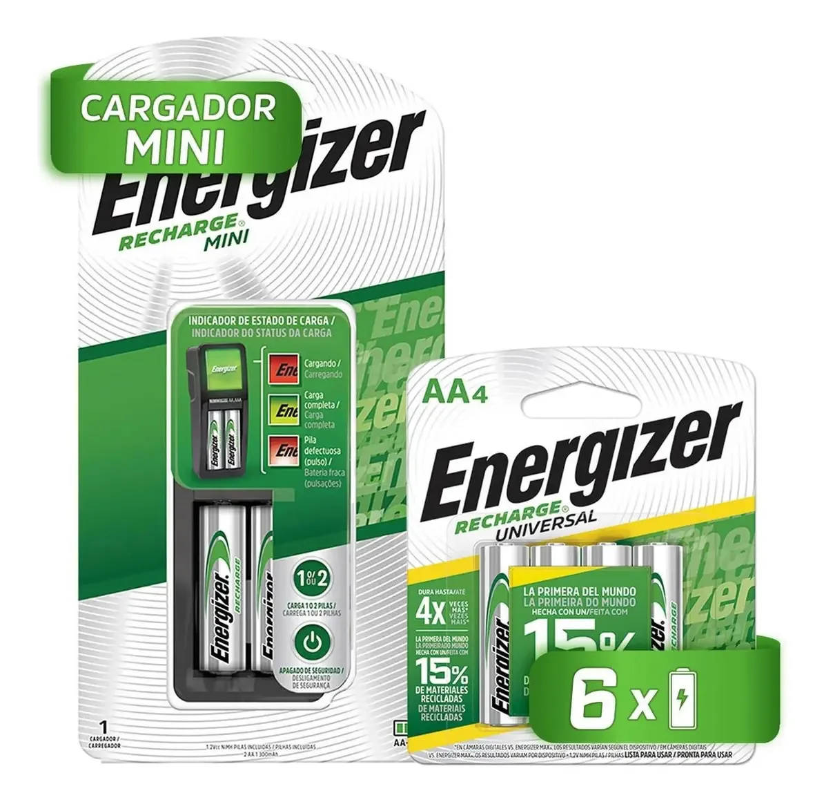 Mini carregador de bateria Energizer + 4 pilhas AA recarregáveis