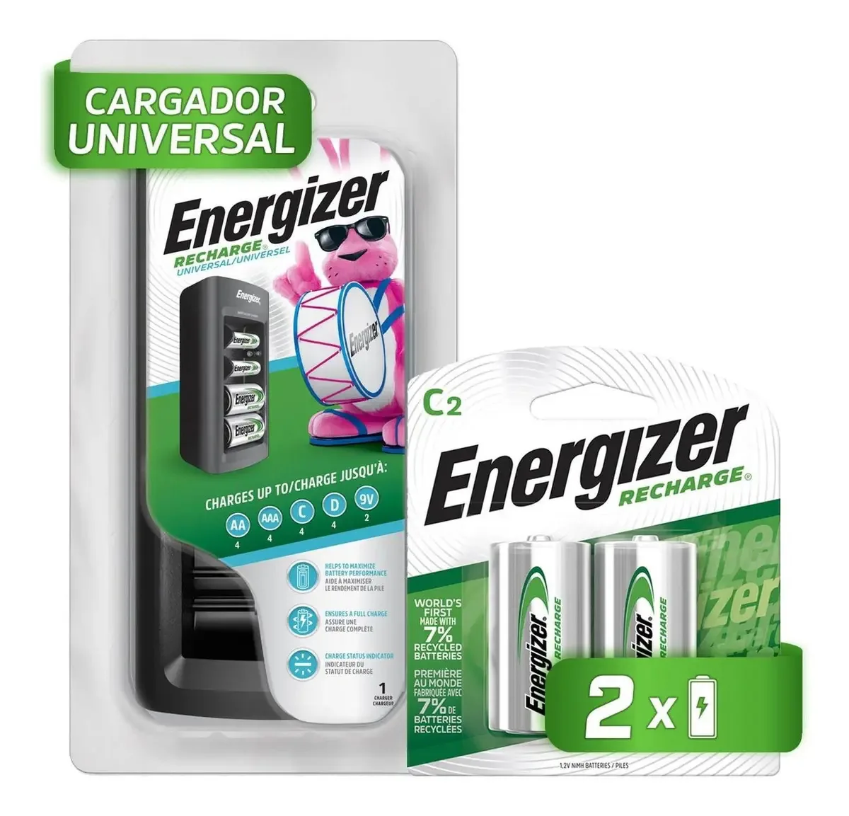 Carregador universal Aa Aaa C D 9v Energizer e 2 baterias C recarregáveis