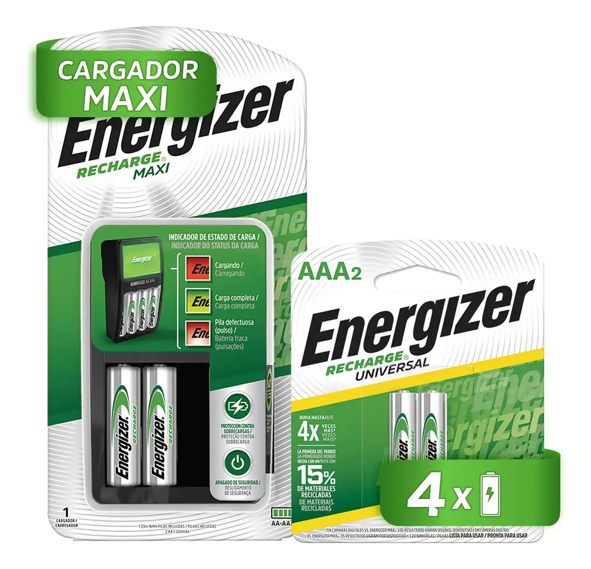 Carregador de bateria Energizer Maxi + 2 pilhas AAA recarregáveis