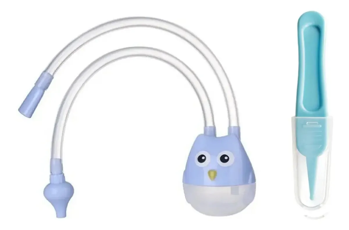 Aspirador nasal duplo para bebês + clipe nasal para crianças, muco azul claro