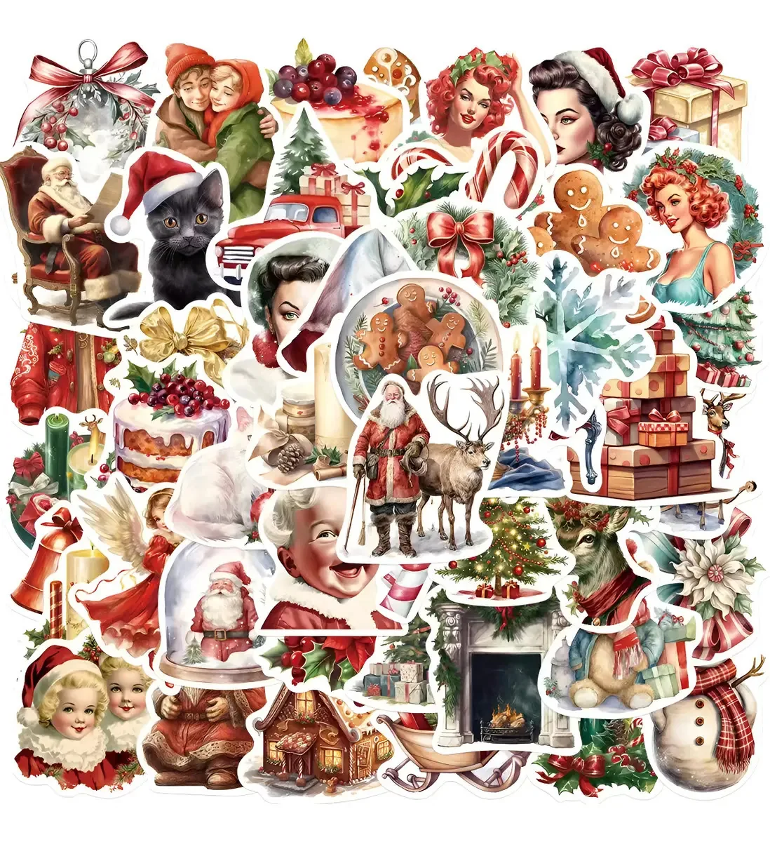 Decalques vintage vintage fofos de Natal antigo 50 em PVC versus água