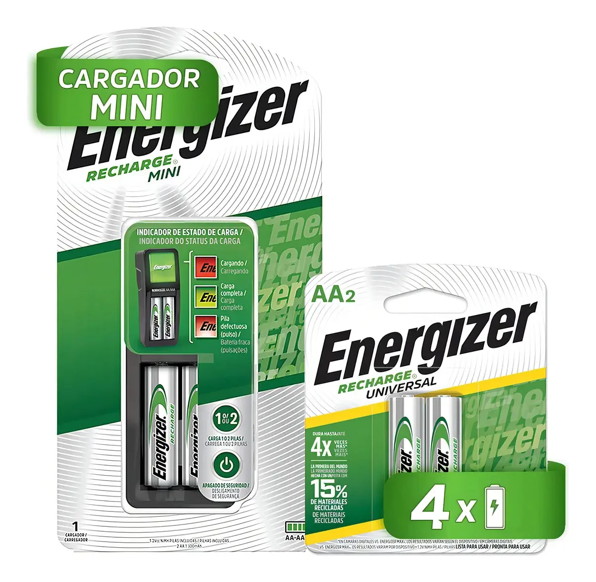 Mini carregador de bateria Energizer + 4 pilhas AA recarregáveis