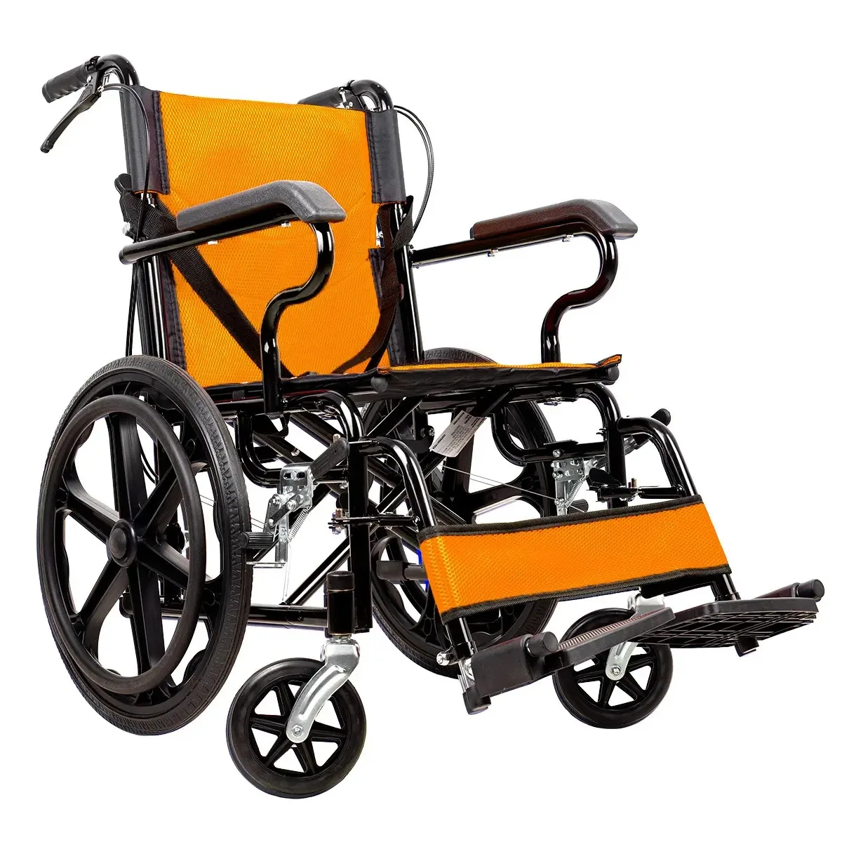 Cadeira de rodas ergonômica de viagem com braços fixos, apoios removíveis e fácil manuseio em espaços pequenos, laranja