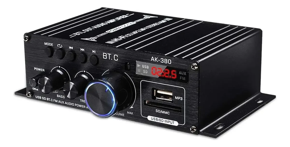 Amplificador de áudio, amplificador de baixo estéreo digital Ak380, reprodutor de áudio, alto-falante de carro, receptor Bluetooth 5.0, amplificador de alta fidelidade, reprodutor de música para...