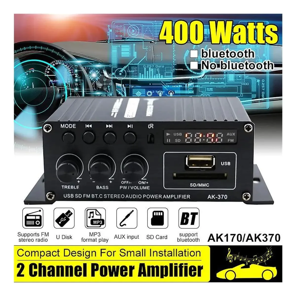 Amplificador de áudio, Ak380/Ak370/Ak170 400w* Amplificador de potência Bluetooth Hifi de 2 canais Áudio doméstico Áudio doméstico Rádio FM Aux USB/SD para carro ou casa (ak370)