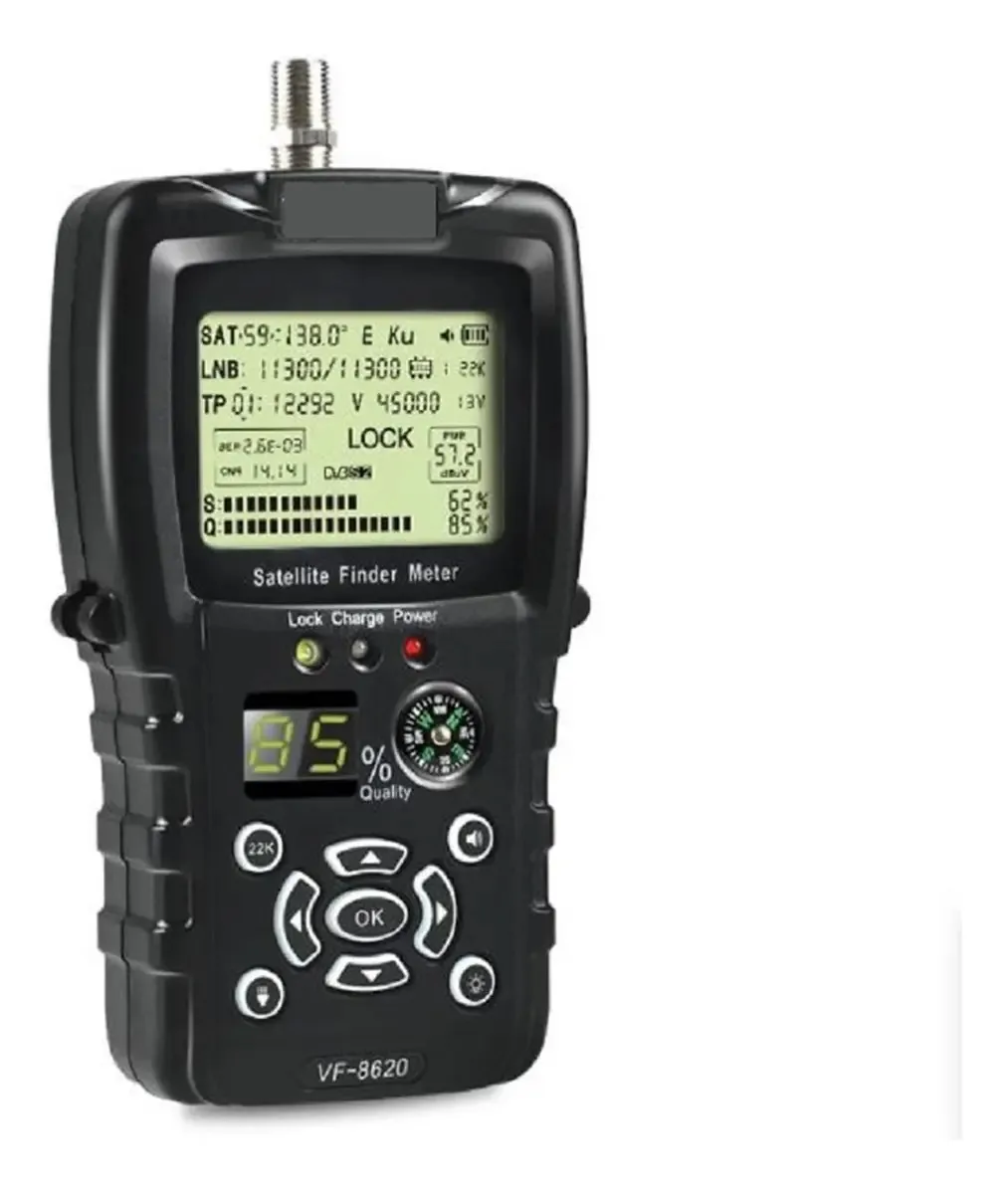 Localizador de satélite digital Zundu Satellite Finders Vf-8620 Hd Dvb S2/Mpeg2 Satfinder Meter H.264 com bússola de bateria Lion retroiluminada para ajustar a antena parabólica