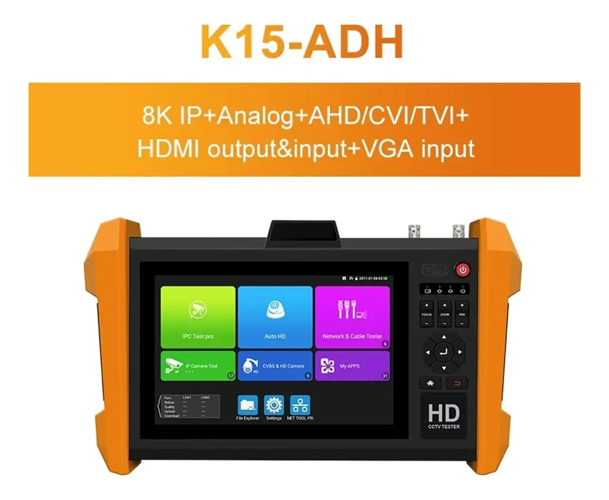 Monitor de Teste de CCTV Okanen, Teste de Câmera IP K15 8k Monitor de Teste CCTV H.265 Módulo Óptico Multifuncional Sfp Ahd Cvi Tvi Sdi Monitor de Teste Tudo em Um(k15-adhs)