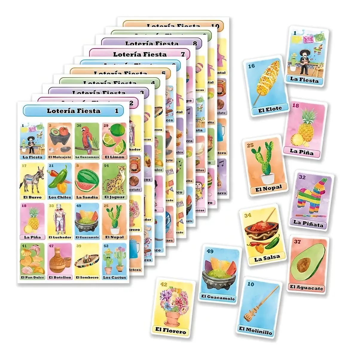 Loteria de festa mexicana com 10 mesas e 54 baralhos