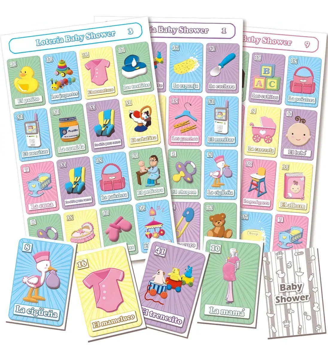 Loteria de chá de bebê com 10 mesas e decks (impressa)