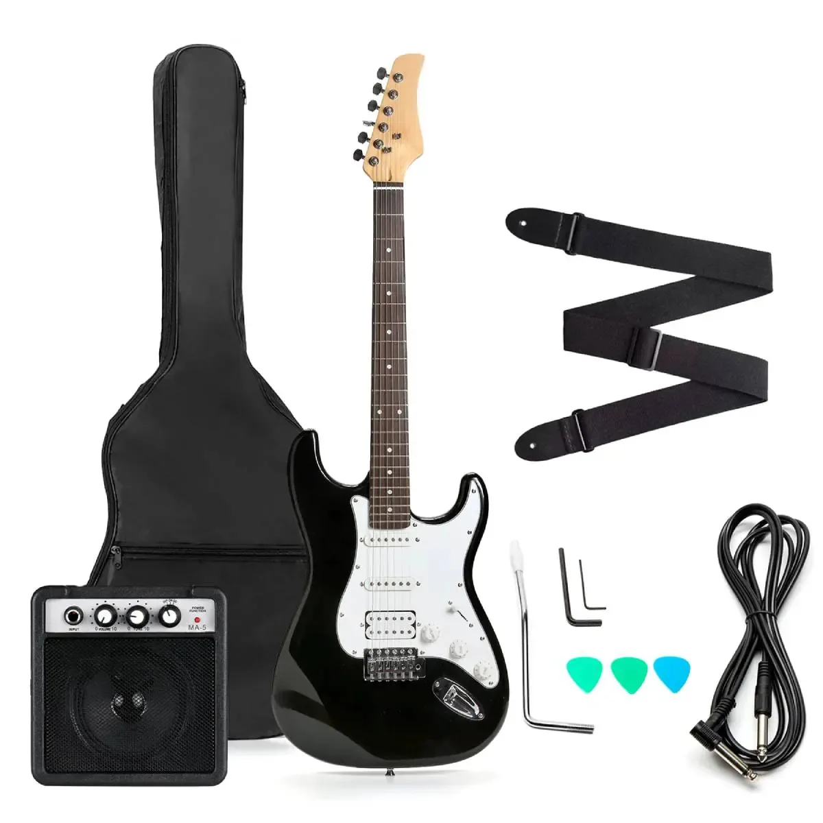 Guitarra elétrica com amplificador e acessórios pretos