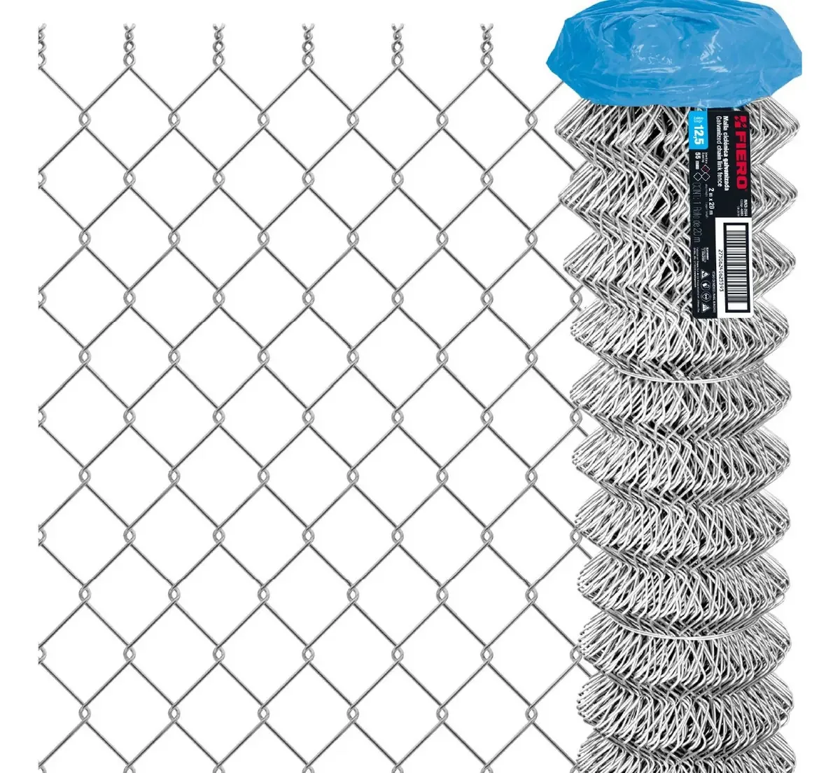 Rolo de malha ciclônica Cal.12.5, 2x20m 55mm 51kg 42951, cor cromada