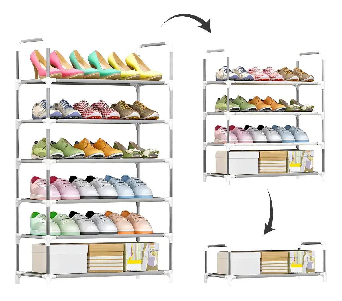Capacidade do organizador de sapatos de aço inoxidável: 18 pares de sapatos, 6 níveis