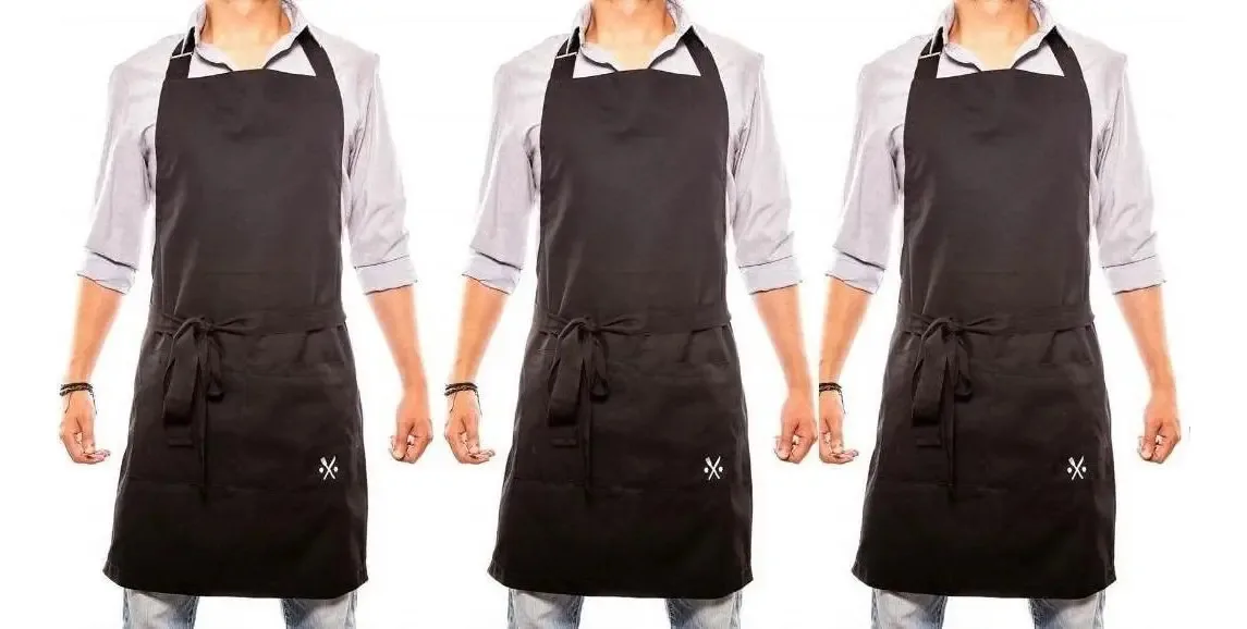 Pacote com 3 aventais Avental Gabardine para Chef Restaurant, cor preta