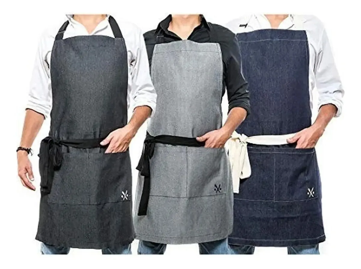 Pacote com 3 aventais para chef, jeans 100% algodão colorido
