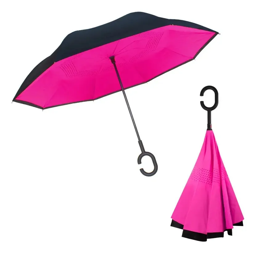 Guarda-chuva reversível, guarda-chuva de tecido duplo, designs diferentes, cor fúcsia
