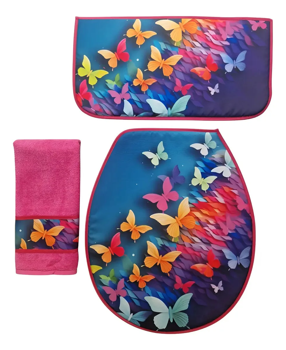 Conjunto de banheiro Tecnicolor de 3 peças com estampa borboleta
