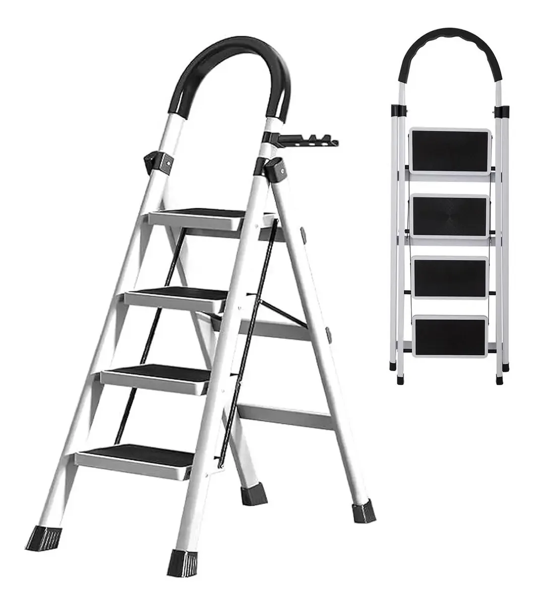 Escada tubular dobrável tipo tesoura de aço com 4 degraus, degraus antiderrapantes e multifuncionais com porta-ferramentas. Cor: branco