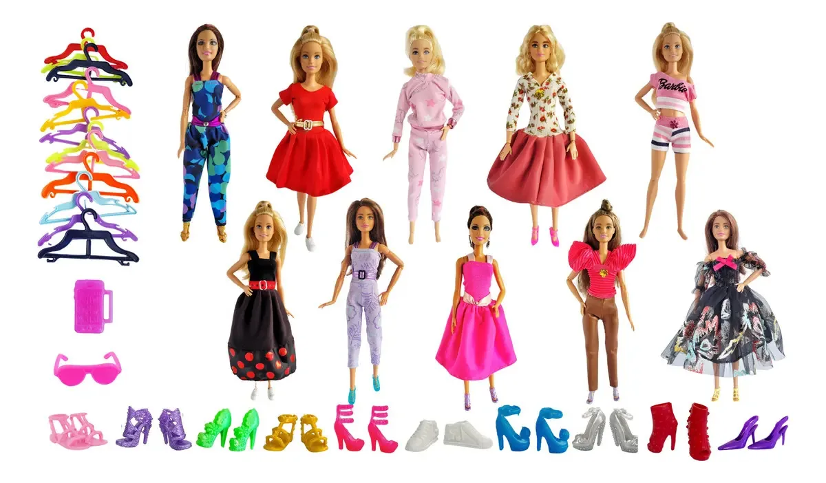 10 roupas de boneca de 30 cm + 23 acessórios, sapatos, ganchos