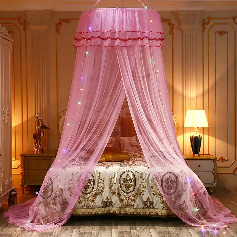 Pavilhão de mosquiteiro para cama queen size, quatro cantos, dossel de tecido de tule, mosquiteiro, rosa