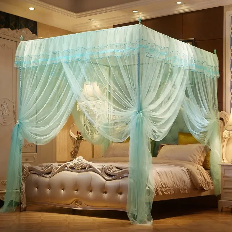 Toldo de tecido mosquiteiro verde de 4 portas para cama de casal