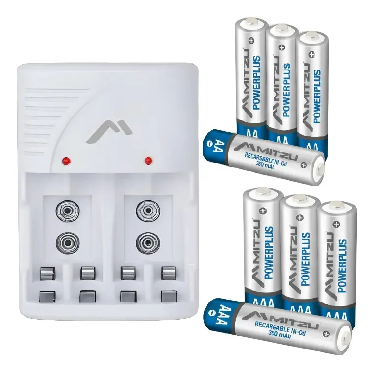 Carregador de bateria com 8 baterias recarregáveis: 4aaa + 4aa Carregador de bateria recarregável Mitzu com proteção de aquecimento, plugue retrátil, plástico ABS