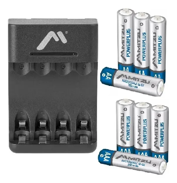 Carregador Mitzu com baterias recarregáveis, 8 baterias e 4 carregadores USB Aaa e 4aa com proteção de aquecimento, 4 portas de carregamento, plástico ABS