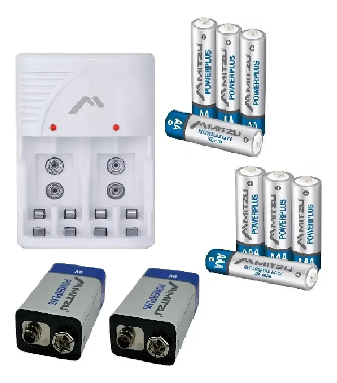 Carregador com 10 baterias recarregáveis 4 Aaa, 4 Aa e 2 baterias Mitzu quadradas de 9 V Carregador de bateria recarregável com proteção de aquecimento, plugue retrátil, plástico ABS