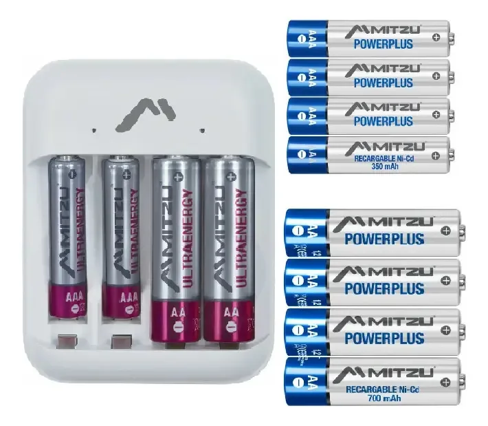 Carregador com baterias recarregáveis via cabo USB para USB-c, com 12 baterias: 6 Aaa e 6 Aa Mitzu compatível com Ni-CD/Ni-MH com indicadores LED de carregamento e proteção contra aquecimento