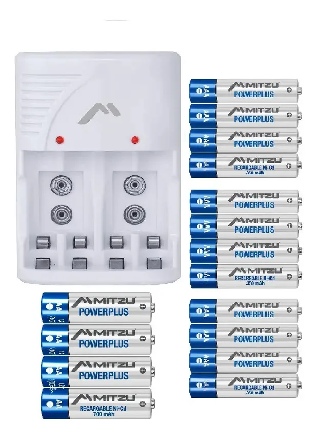 Carregador de bateria com 16 baterias recarregáveis: 12aaa + 4aa Carregador de bateria recarregável Mitzu com proteção de aquecimento, plugue retrátil, plástico ABS