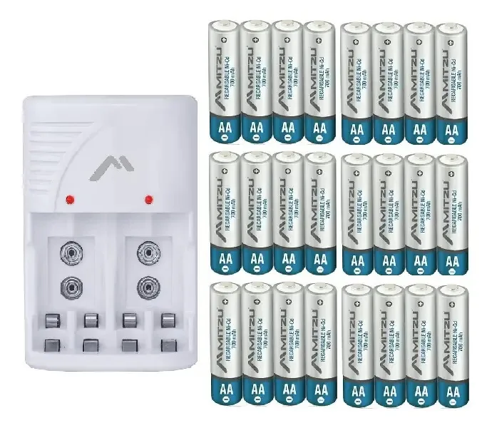 Carregador com 24 baterias recarregáveis Aa Mitzu, carregador de bateria recarregável com proteção contra aquecimento, plugue retrátil, plástico ABS, está em conformidade com o padrão oficial...