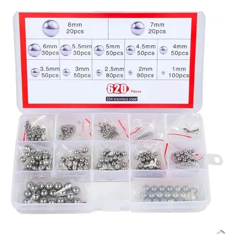 Conjunto de esferas de aço inoxidável 304, 620 peças de precisão métrica de 1 a 8 mm, variedade de esferas de aço para rolamentos de bicicletas (12 tamanhos)