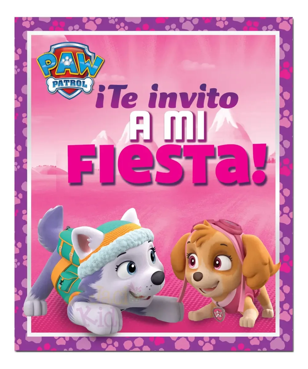 12 convites sem envelope de festa Paw Patrol Skye Sky0M1 Pink Bubble Gum