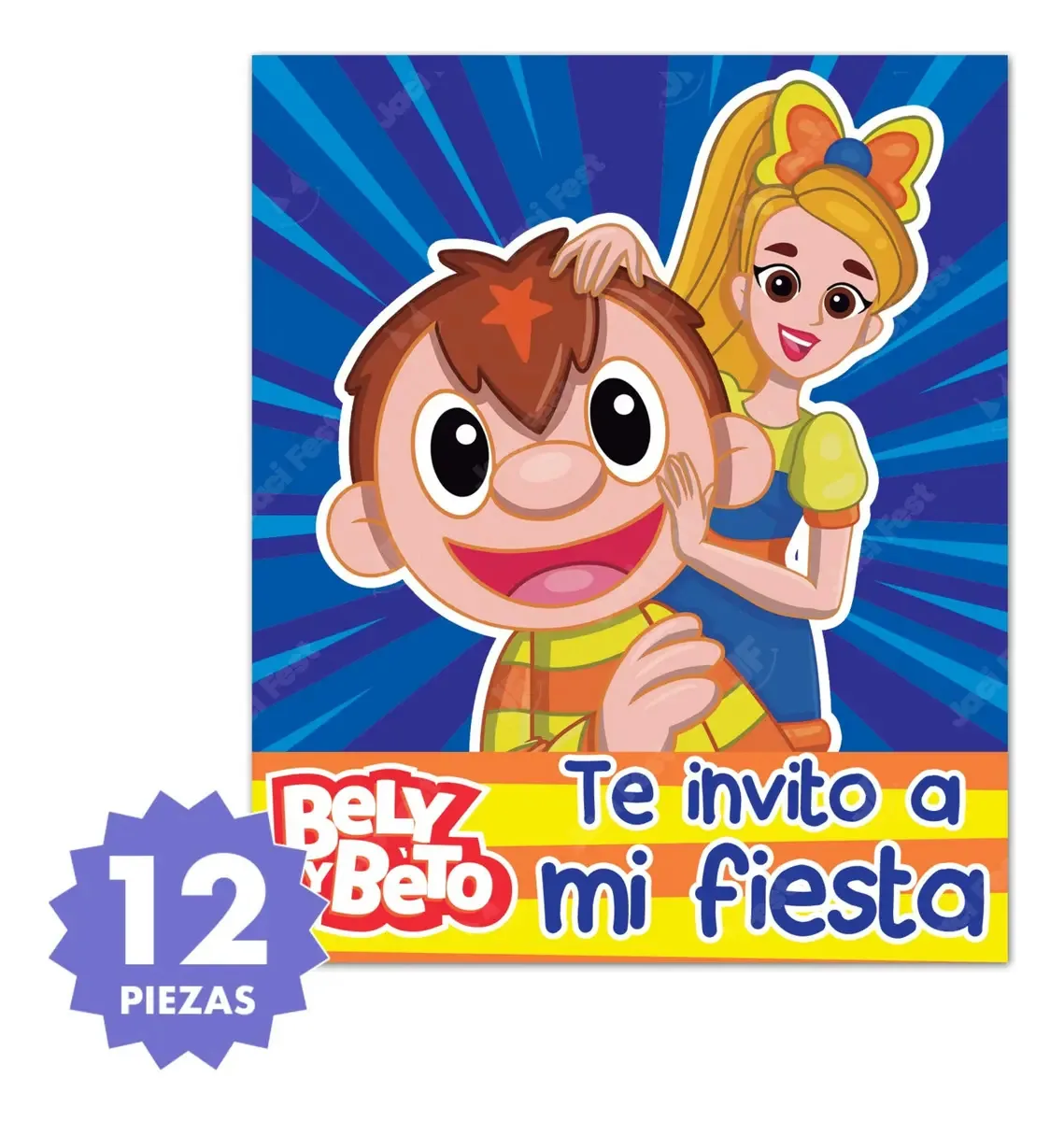 12 convites sem envelope de festa Bely And Beto Byb0m1 azul e laranja