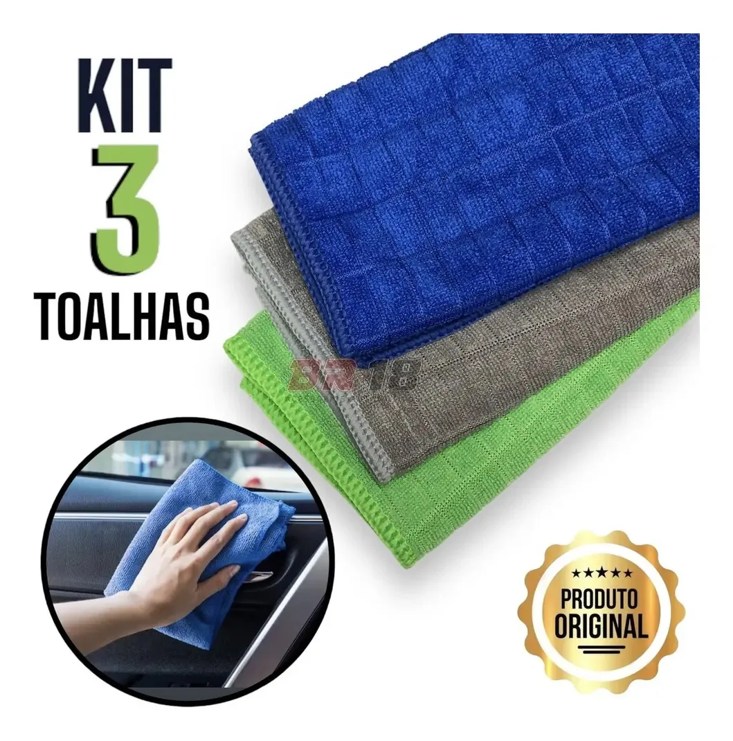 3 Panos Toalha Microfibra Flanela 28x38cm Automotivo 260gsm