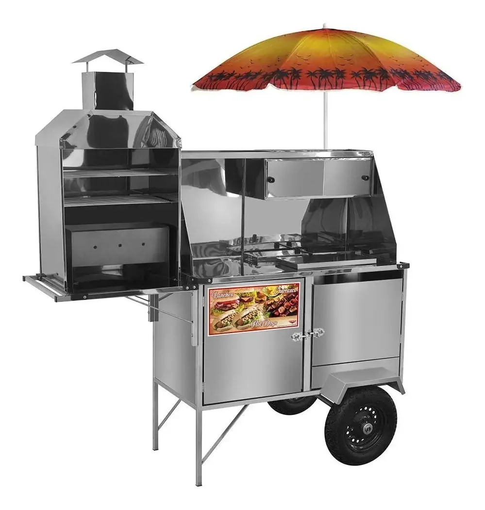 Carrinho 3 em 1 Cefaz Hot Dog Lanche Churrasco Inox Rodas Pneumáticas