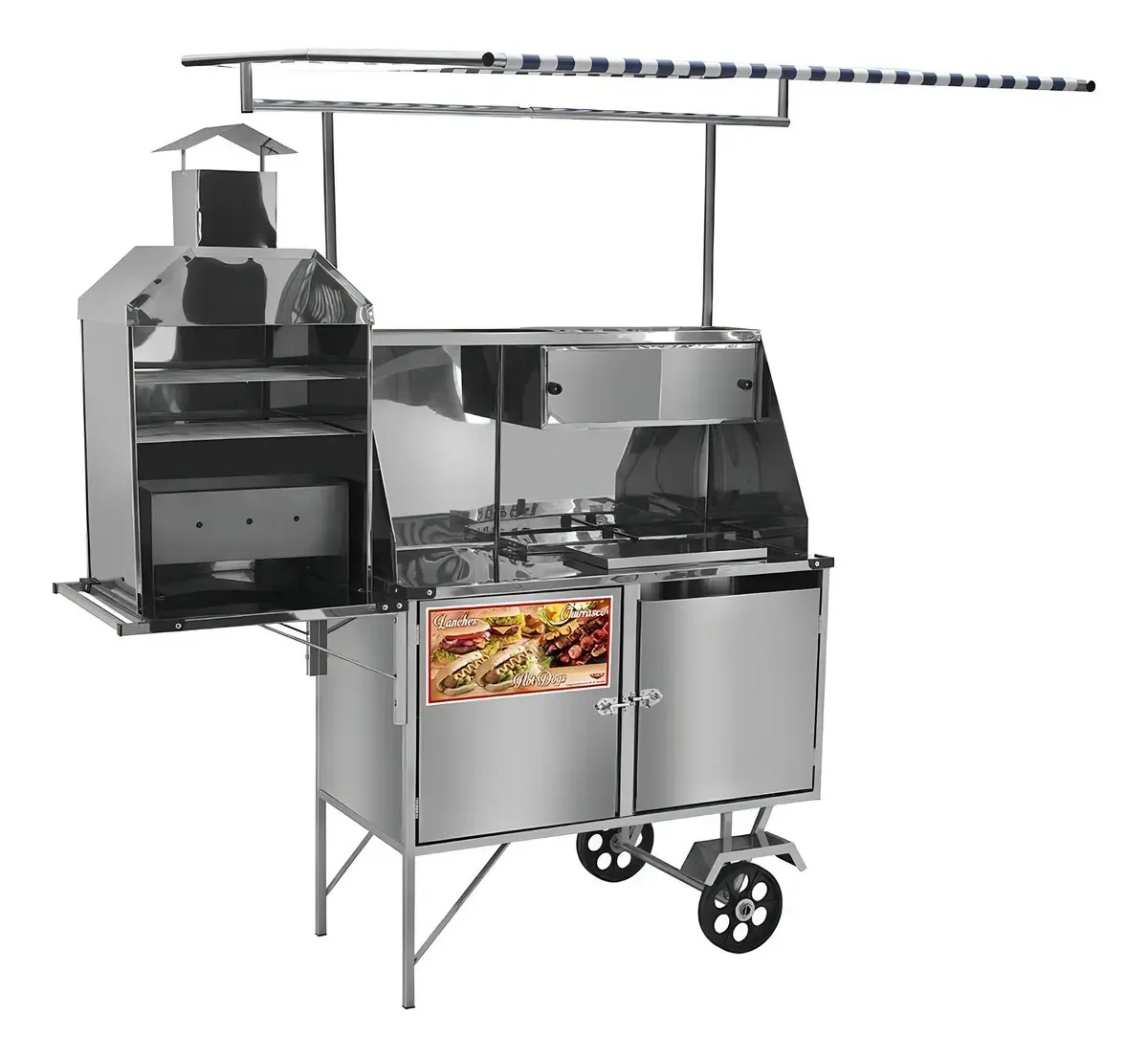 Carrinho Cefaz 3 em 1 Hot Dog Lanche Churrasco Inox Rodas e Toldo