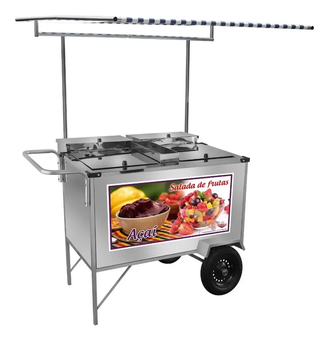 Carrinho Cefaz Inox para Salada de Frutas e Açaí com Toldo e Rodas Pneumáticas