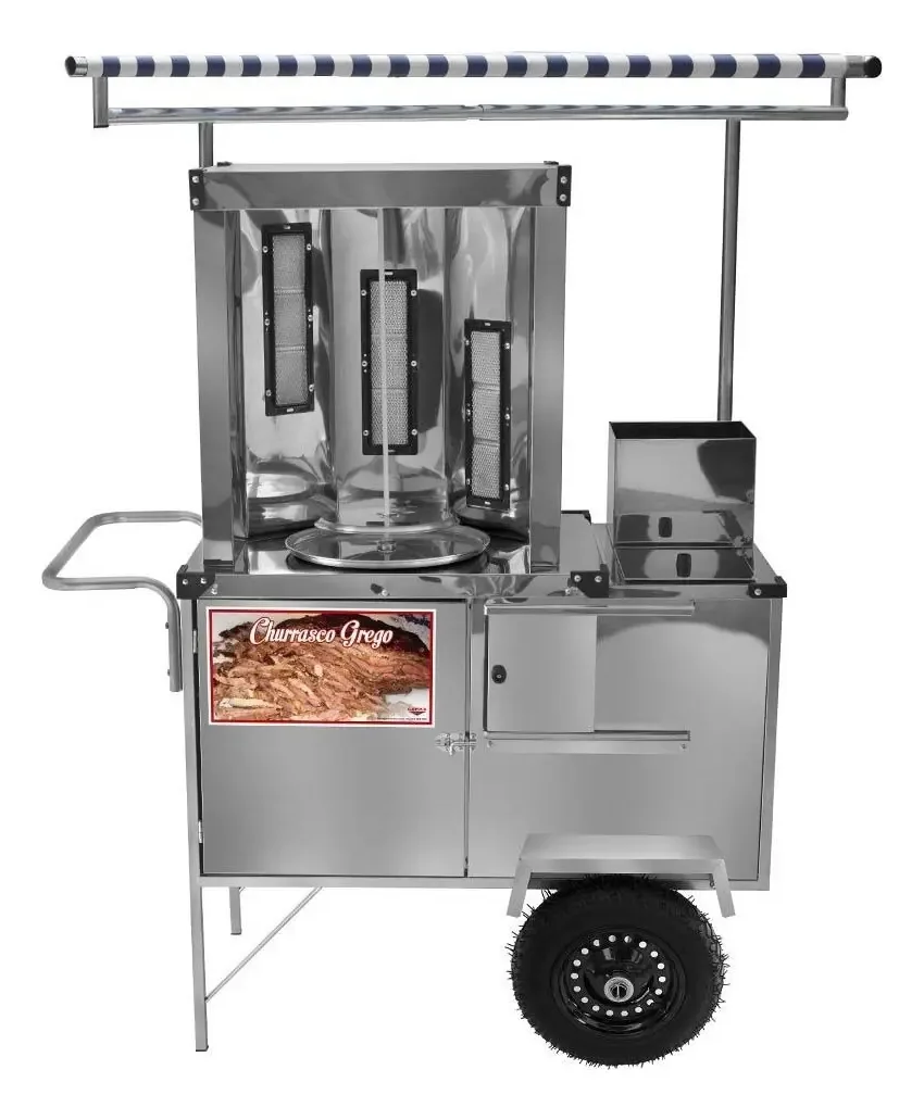 Carrinho Churrasco Grego Cefaz L20P/T Inox com Rodas Pneumáticas Toldo