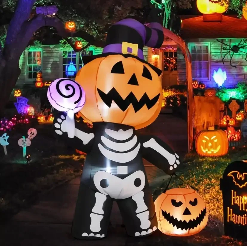 Abóbora fantasma inflável, abóbora esquelética inflável de Halloween, boneco inflável iluminado de abóbora de Halloween, decoração de ambiente interno e externo de Halloween para gramados e