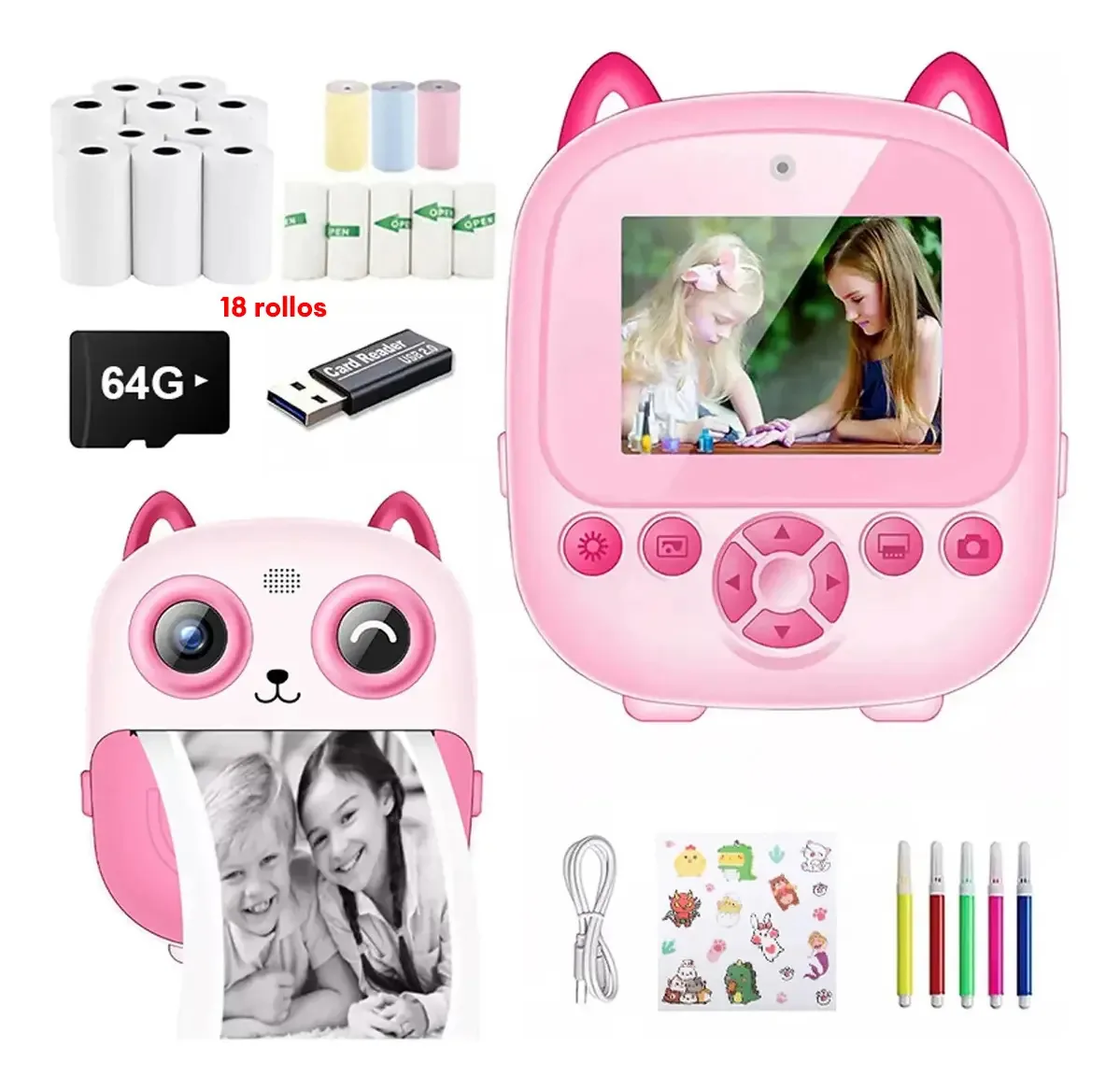 Câmera digital HD para crianças, fotos imprimíveis, cartão de cor rosa 1080p