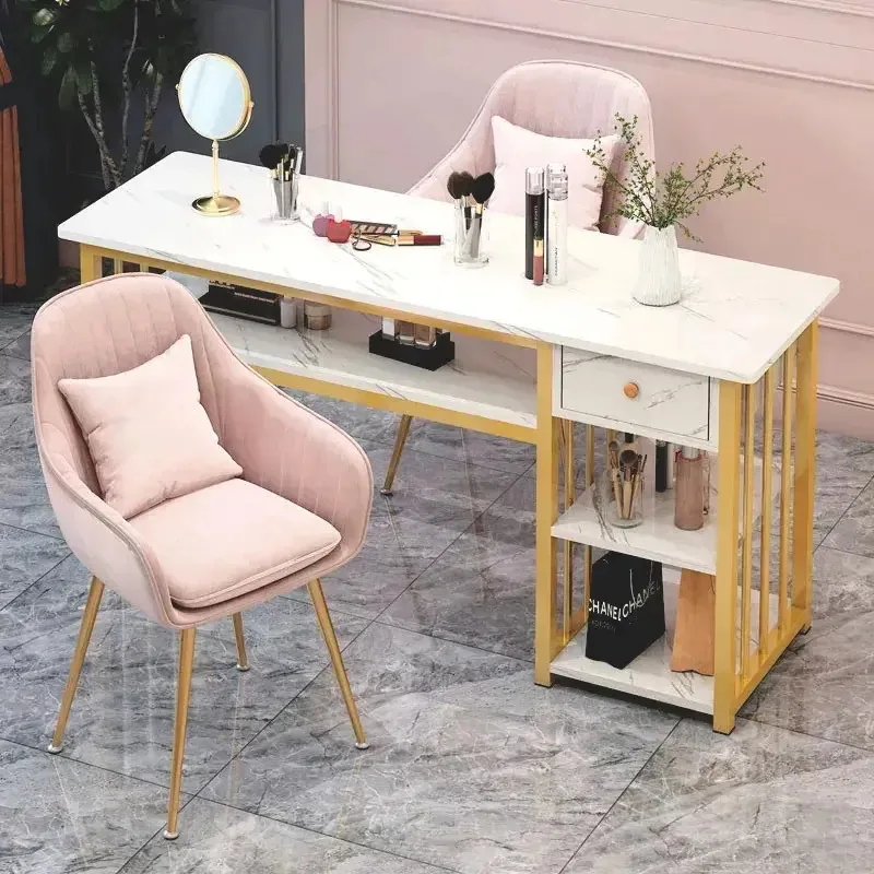 Mesa de manicure de mármore elegante com gaveta para unhas estéticas brancas/douradas