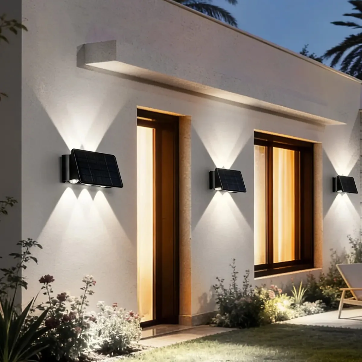 Lâmpada de parede solar LED impermeável para exterior, 5 holofotes, lavadora de parede, luminárias de parede impermeáveis para jardins, vilas, varandas, luz branca | Ambueco®